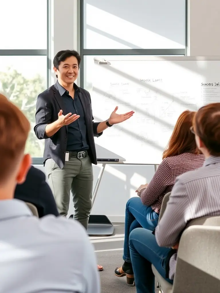 A photo of Success Jae leading a workshop on AI for business owners, showcasing their expertise and approachability.